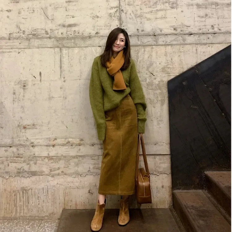 【深秋季装】复古绿色毛衣上衣女慵懒风时尚韩版穿搭包臀气质半身裙