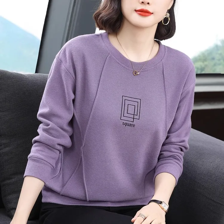 卫衣女紫色中年妈妈圆领宽松减龄上衣春秋新款长袖T恤洋气打底衫