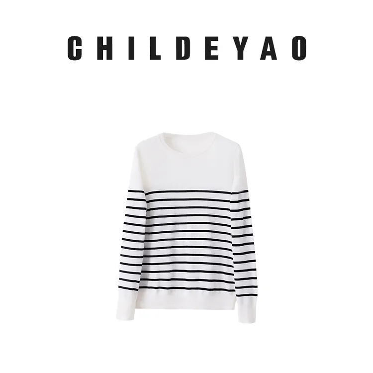 Childe Yao黑白条纹圆领套头羊毛衫女秋新款显瘦羊毛上衣MY-082