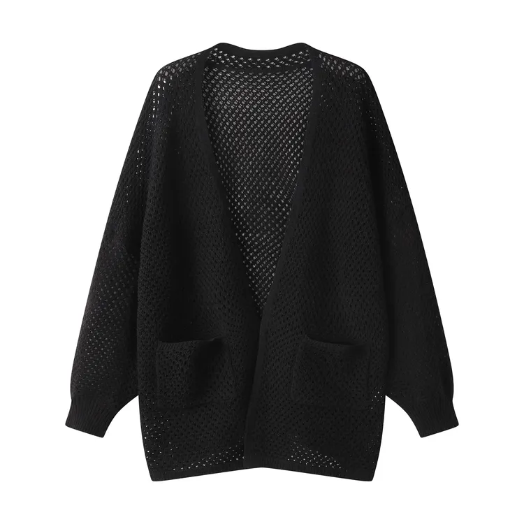 24313女士中长款镂空针织大版时尚气质显瘦秋款毛衣慵懒风