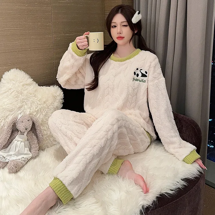 提花绒刺绣加肥加大睡衣女冬季甜美休闲韩版少女大码家居服1318