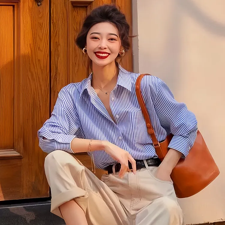 早秋女款上衣衬衫条纹衬衣女款外穿长袖内搭上衣高级感小众设计感