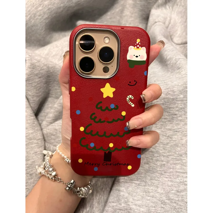 BANCA冬日波点圣诞树适用iPhone16/15pro荔枝纹金属框手机壳13套
