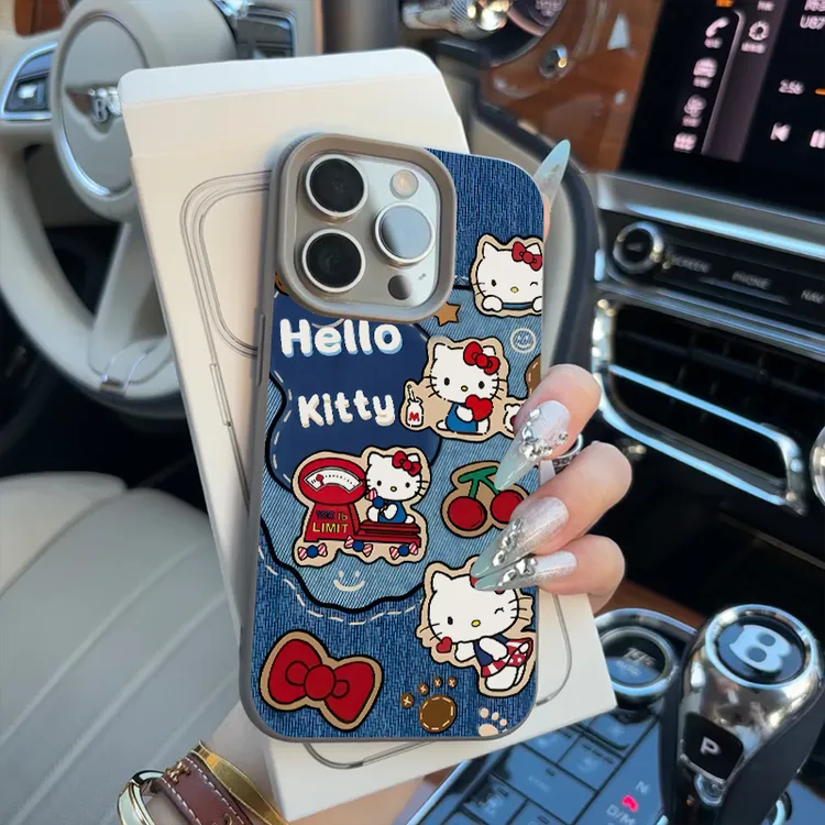 BANCA复古牛仔樱桃KT猫适用苹果16promax手机壳15plus荔枝纹14/13