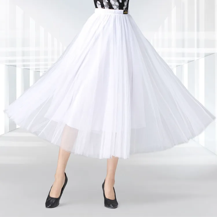 丹宝罗广场舞半身裙交谊舞大摆裙白色网纱裙裙子跳舞长裙摩登舞裙