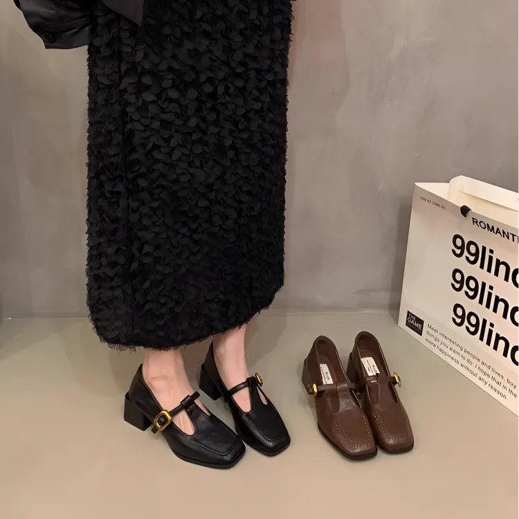 复古优雅玛丽珍鞋女2025春秋新款法式气质搭扣方头浅口粗跟小皮鞋