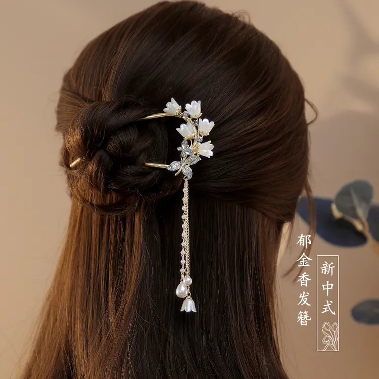 步摇流苏发簪新中式气质水钻u型簪子古风超仙头饰中式发簪女发饰