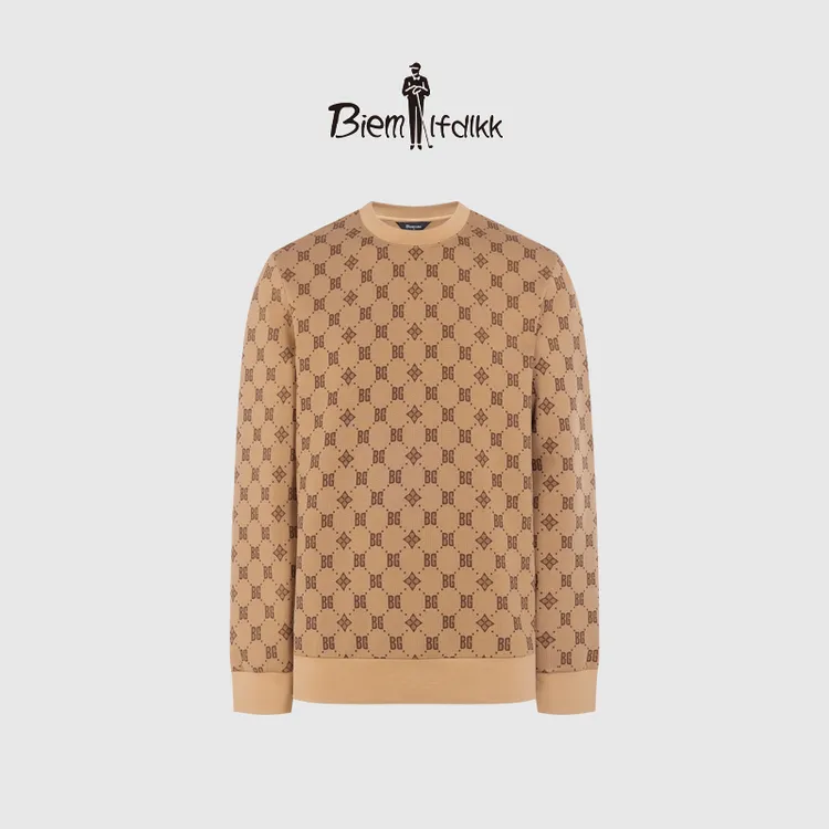 【轻舒棉】比音勒芬春季新款男士菱形格老花图案长袖圆领卫衣