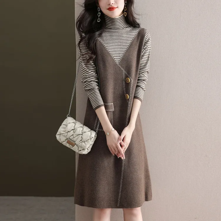 LY8700中长款针织连衣裙女士气质内搭裙子秋冬新款冬季毛衣裙