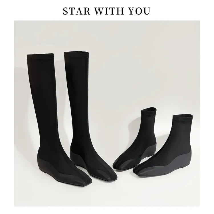 高筒极简风方头弹力莱卡包腿巨显中筒短靴内增高4cm平底轻奢鞋子