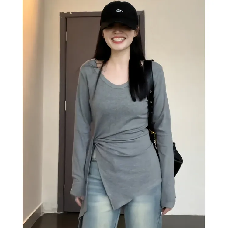 大码纯欲不规则绑带收腰长袖T恤女秋季胖MM开叉修身显瘦正肩上衣