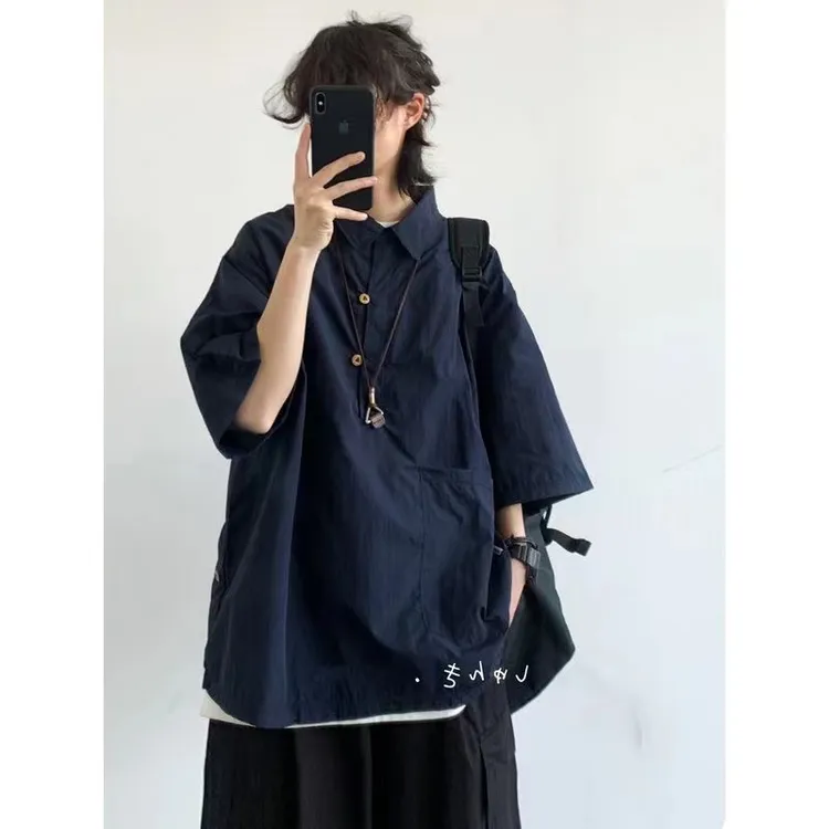 复古纯色短袖衬衫男古着vintage中性体闲工装半袖情侣衬衣外套潮