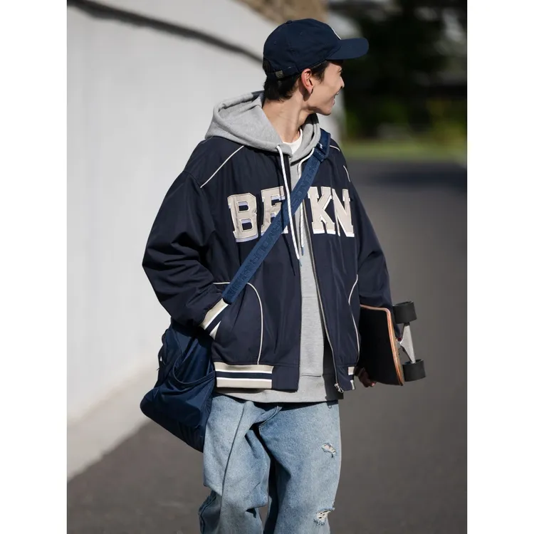 美式vintage棒球服外套男春秋新款字母贴布宽松夹克高街潮牌上衣