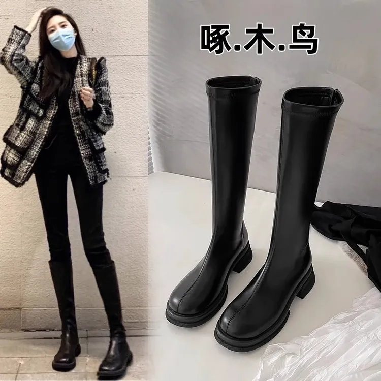 啄木鸟高筒靴女百搭秋冬新款加绒长筒靴厚底骑士靴弹力不过膝长靴