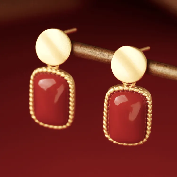小银匠新款红玛瑙耳钉女925银几何红色玛瑙耳饰古风高级感耳环