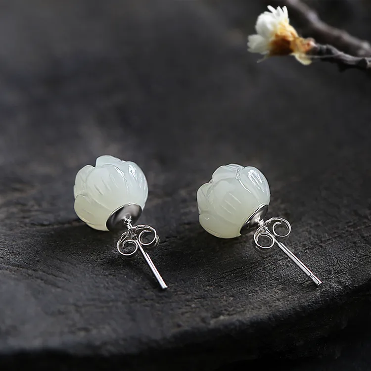 小银匠S925银耳钉女和田玉耳环国风莲花耳坠时尚简约气质耳饰礼物