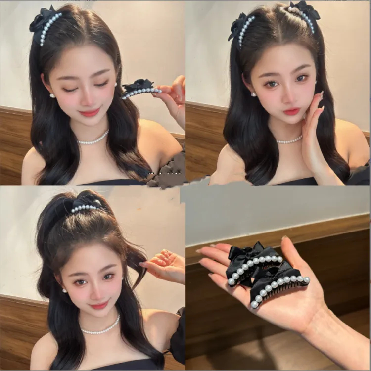 甜美简约百搭蝴蝶结珠珠刘海抓夹碎发夹公主头夹(7厘米)