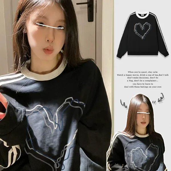 美式高街黑色三条杠遮屁股卫衣秋冬季oversize球衣条纹慵懒风上衣