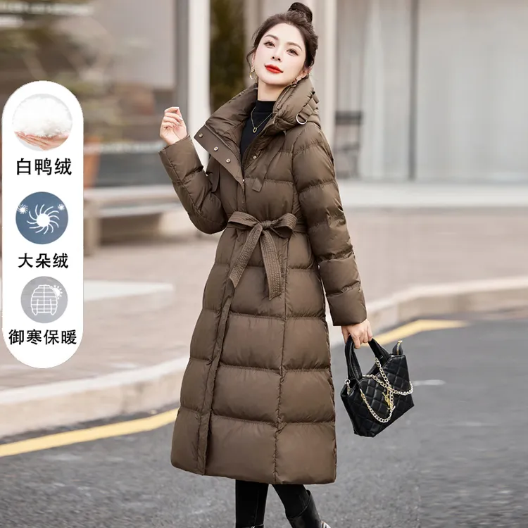 欧货气质过膝长款羽绒服女冬季新款收腰绑带修身显瘦白鸭绒厚外套
