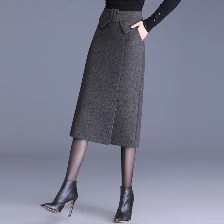 灰色职业裙开叉包臀裙中长款女秋冬新款高腰显瘦气质包裙一步裙子