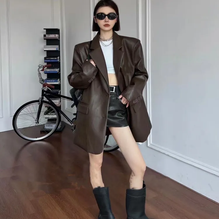 中长款皮衣西装外套女宽松潮流时尚百搭休闲机车西服皮衣外套女