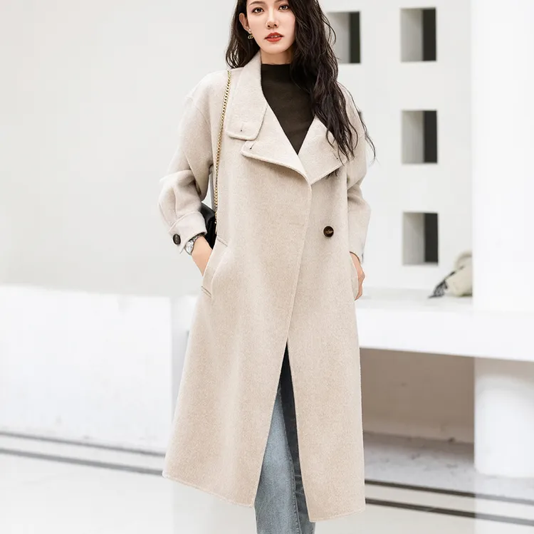 2024秋冬新款双面绒羊毛中长大衣女过膝休闲宽松长大衣西装领777