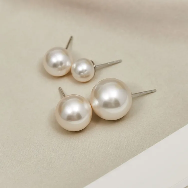 925银仿珍珠耳饰 高端气质高贵优雅白色纯银耳环经典镶嵌大颗耳钉