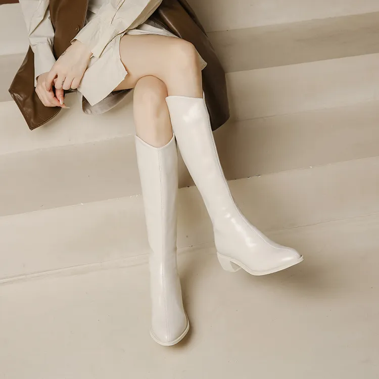 真皮时尚高跟长靴筒百搭靴西部靴女小个子骑士靴v口尖头长筒靴 