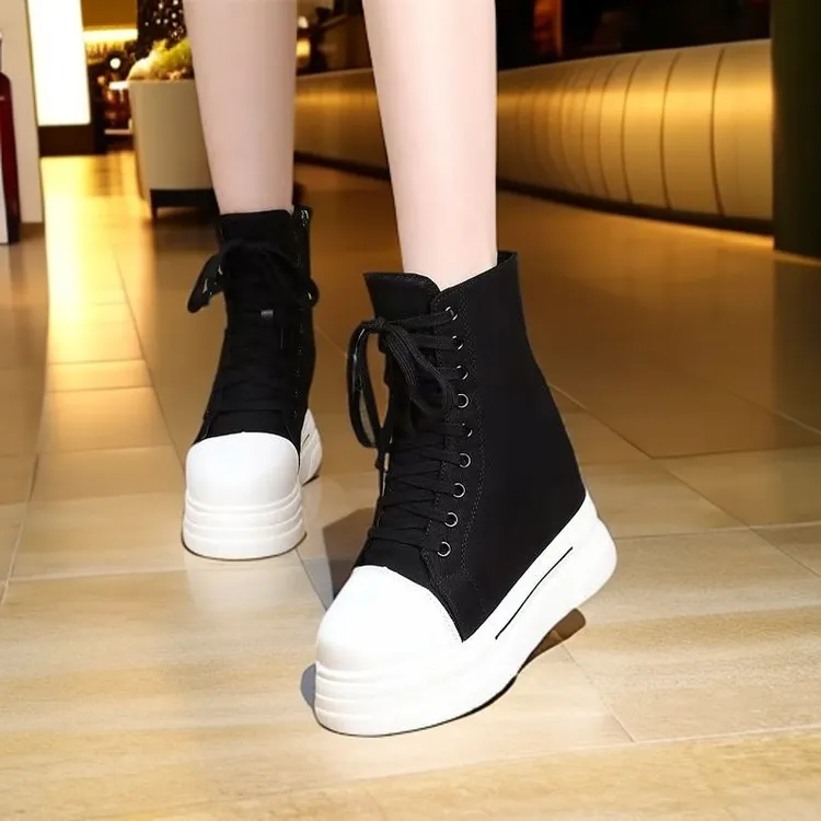 韩版帆布鞋女16CM厚底内增高私人定制超轻高跟加绒14CM小个子短靴