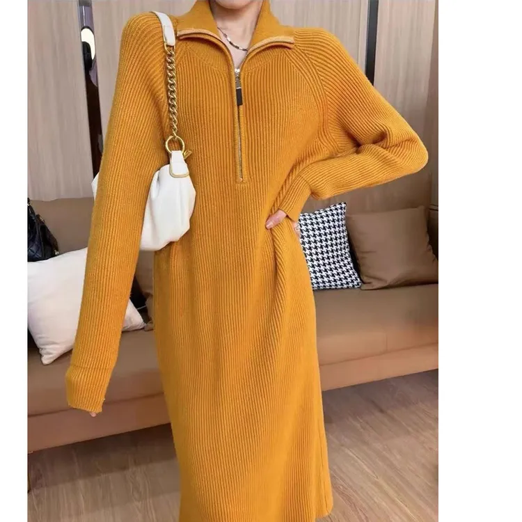 秋冬新款加厚拉链过膝毛衣裙女配大衣翻领宽松针织长款打底连衣裙