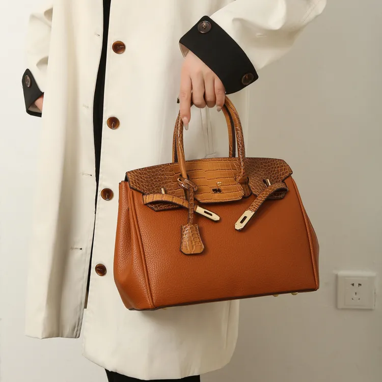 跨境新款鳄鱼纹铂金包2024欧美风休闲大容量托特包通勤斜挎包包女