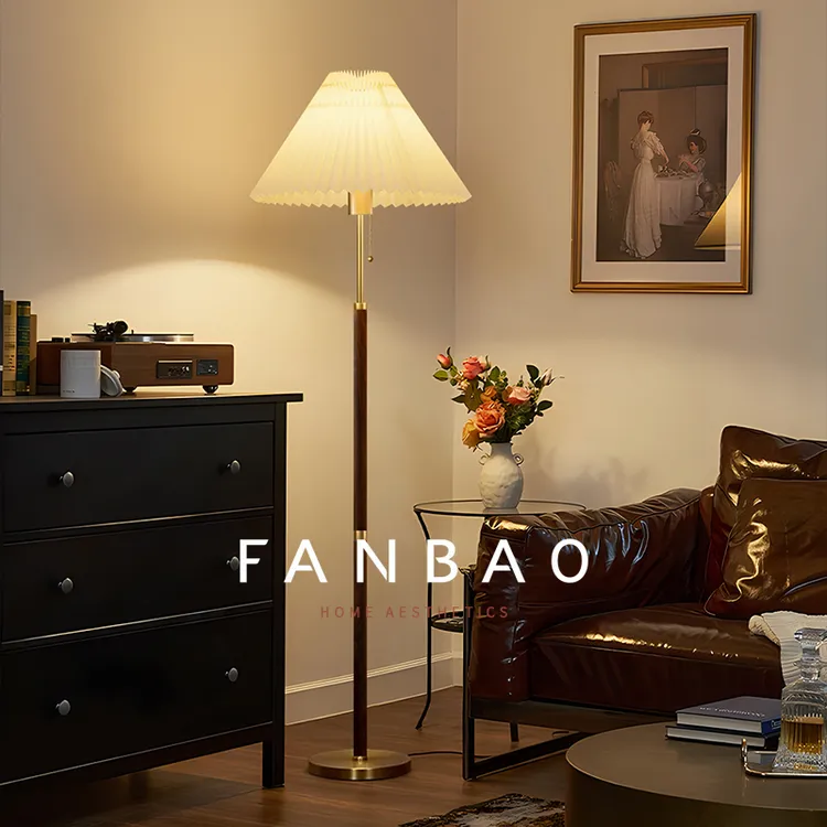 实木镀铜立式中古风地台灯轻奢美式拉链书房遥控创意复古百褶客厅