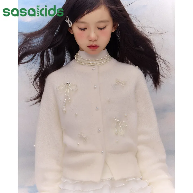 sasakids【珍珠系列】重工钉珠蝴蝶珍珠蝙蝠袖毛衣开衫女童装