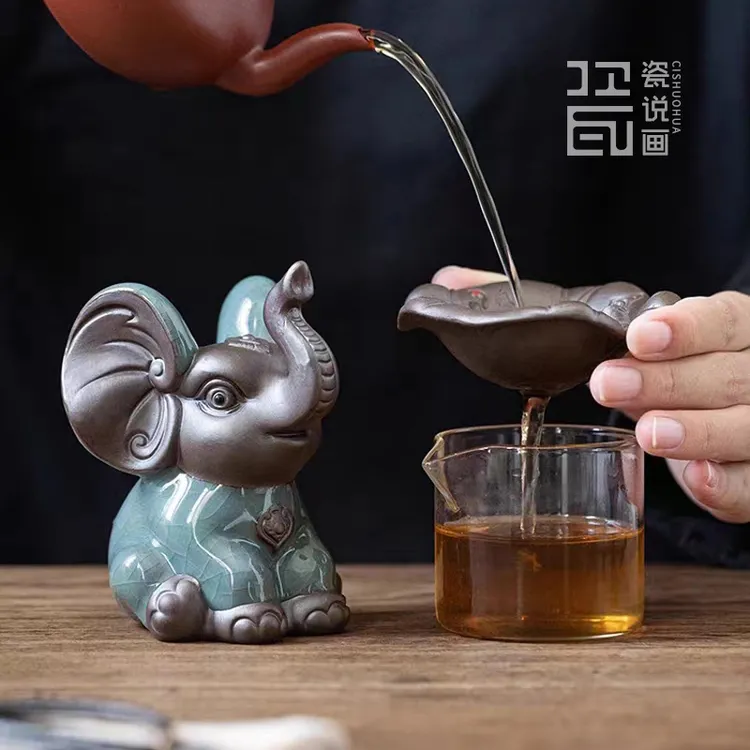 哥窑大象茶漏陶瓷开片茶宠摆件双用创意可爱茶玩小象茶滤茶叶过滤