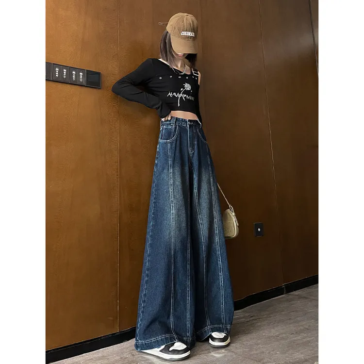 时尚复古大阔腿牛仔裤女春季2025年新款高腰显瘦宽松喇叭拖地裤子