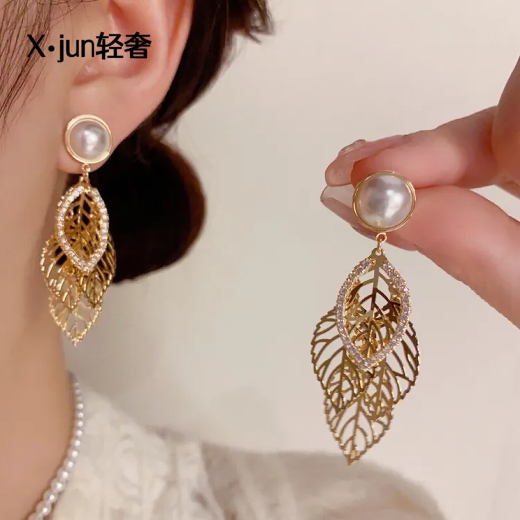 铜合金耳饰 韩式气质时尚精致树叶流苏耳坠网红轻奢小众设计耳环