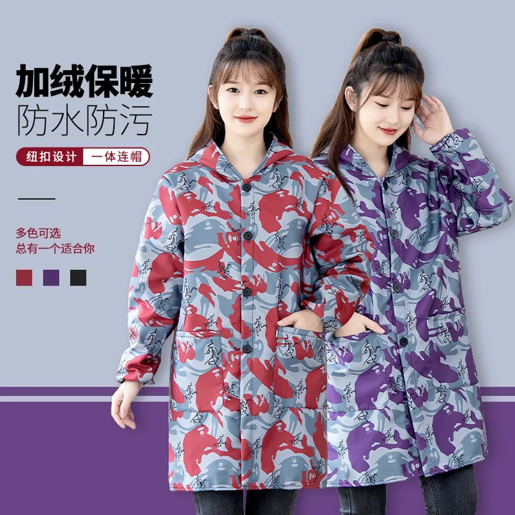 加绒加厚长袖罩衣成人厨房围裙专用防水防油做饭女款工作服冬季