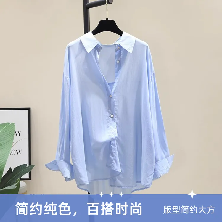 垂感小众纯色衬衫女2025春夏装韩版宽松休闲衬衫女蓝色夏季薄款