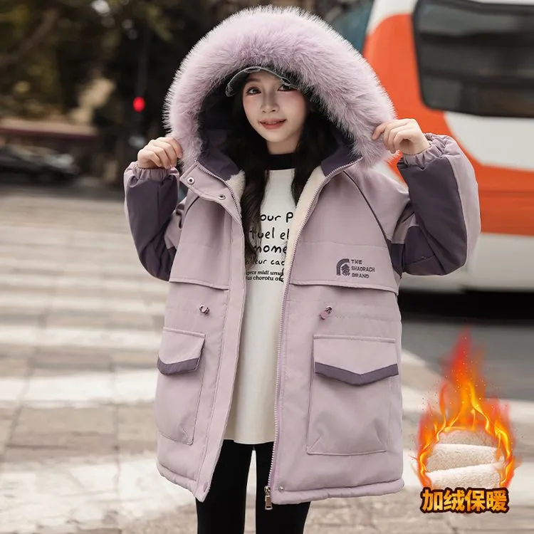 女童加绒棉服外套冬装2024新款儿童洋气棉衣小女孩冬季加厚派克服