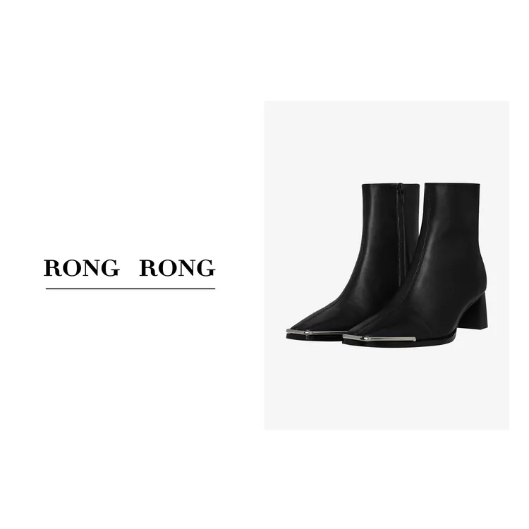 溶溶RONGRONG秋冬时尚羊皮粗跟短靴新款金属方头秋冬短靴4406-1
