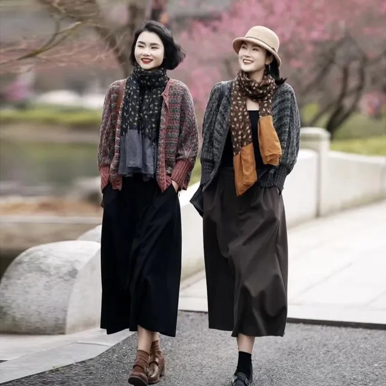 春秋新款针织开衫时尚文艺百搭毛衣气质外套女毛呢半身裙两件套装