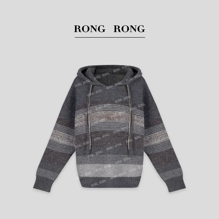 溶溶【星彩雾光】RONGRONG 绵羊毛混纺珠片纱条纹连帽羊毛衫S3151