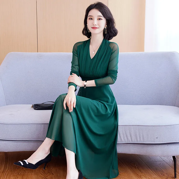春秋网纱连衣裙女长袖2025新款大码v领长款收腰显瘦气质洋气长裙