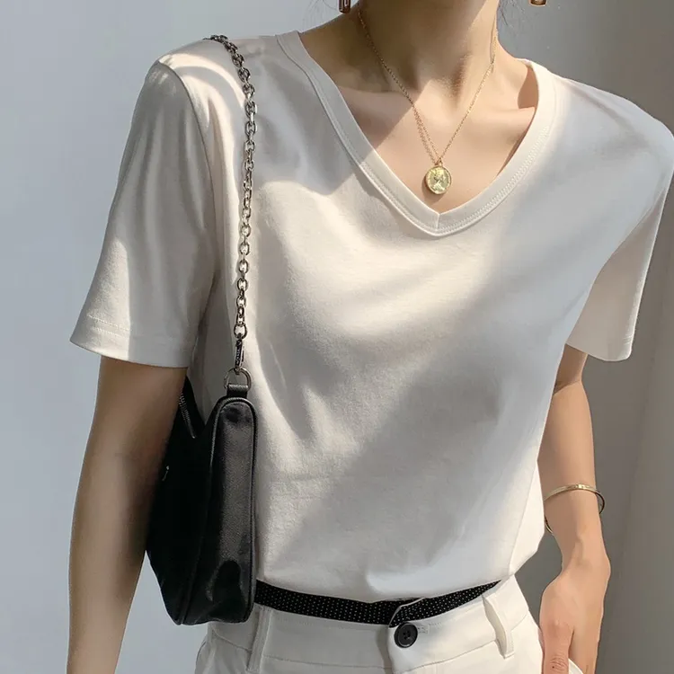 白色T恤女丝光棉短袖女宽松高端大牌显瘦V领2025夏季新款纯棉打底