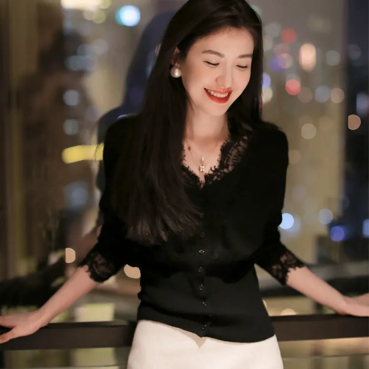 现货发SS5078美轮美奂蕾丝针织小精品黑色上衣小衫