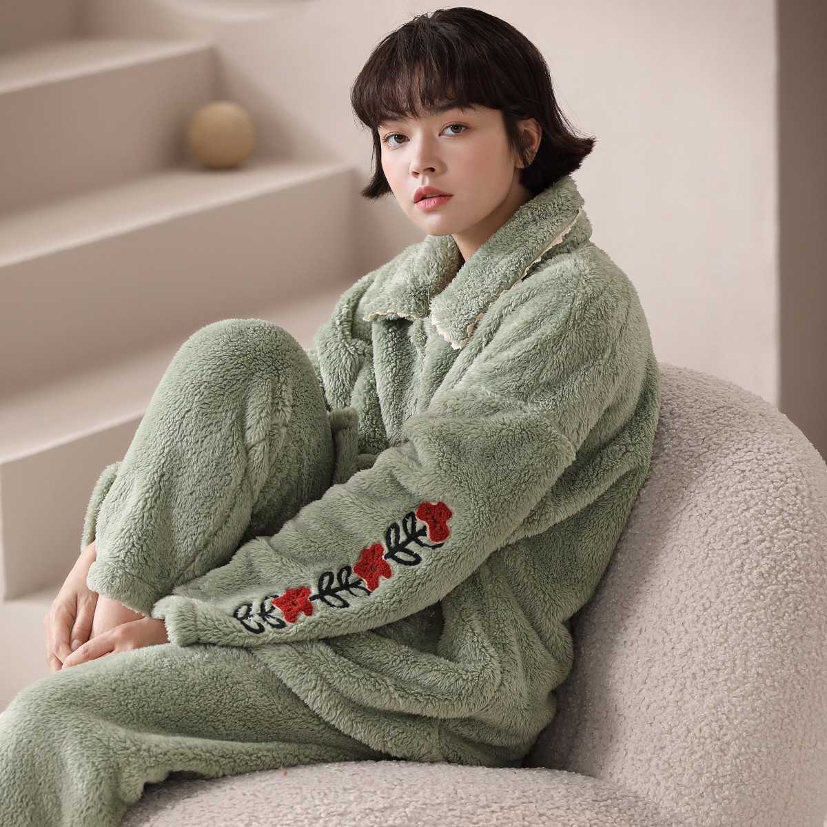 安之伴珊瑚绒加厚保暖睡衣女家居服套装可外穿甜美82141322225