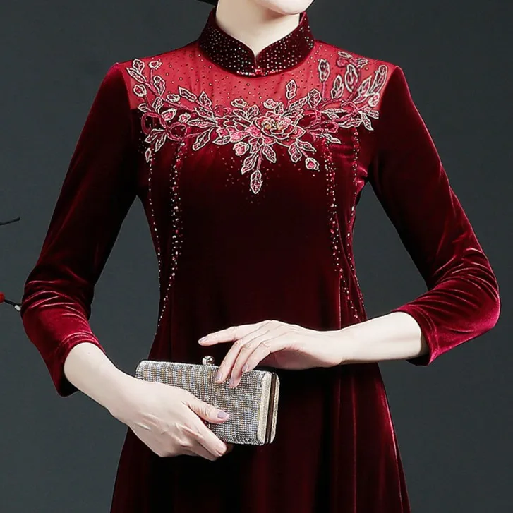 高贵妈妈结婚春秋喜婆婆婚宴礼服洋气阔太太丝绒气质敬酒服连衣裙