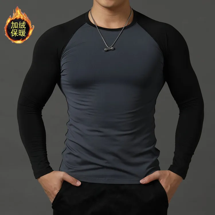 秋冬健身服男加绒紧身衣长袖弹力速干跑步训练打底衫教练工服定制