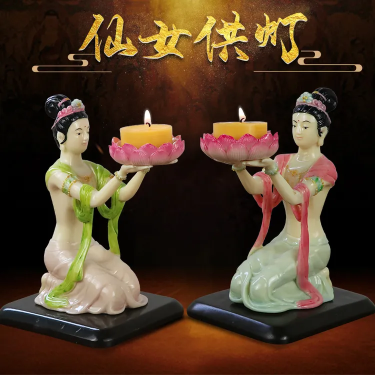 树脂卧室天女酥座灯底座莲花烛台灯仙女手工彩绘摆件创意摆设