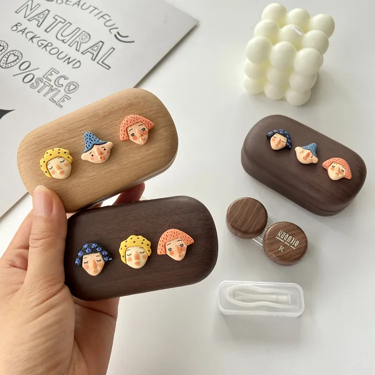 复古高级感木纹小巧隐形眼镜盒伴侣盒可爱美瞳盒带防漏圈护理盒子